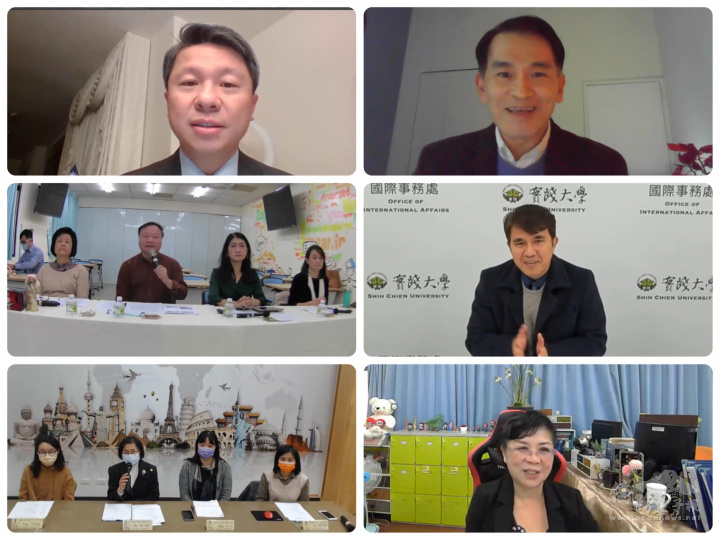 (由左上往下)駐西雅圖辦事處處長甄國清、西雅圖地區僑務委員陳志賢、國立高雄師範大學副校長王政彥、實踐大學副校長郭壽旺、大葉大學主任秘書侯雪娟、臺東大學代表傅濟功主任